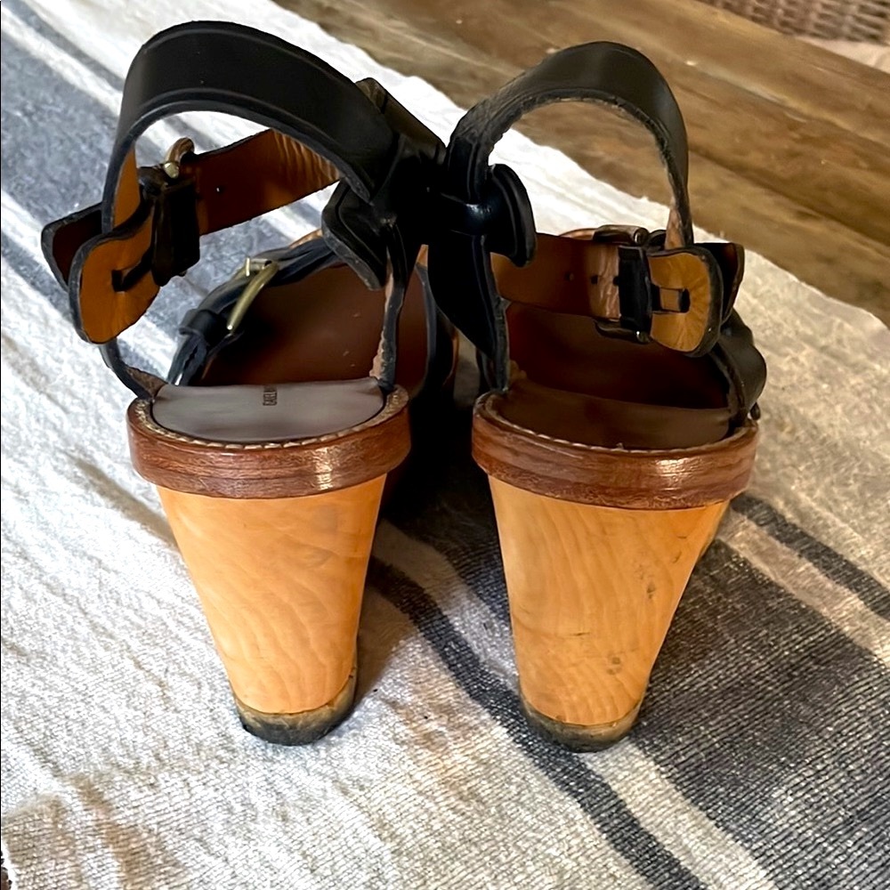 ISABEL MARANT Paris Black Leather Handy Wood Wedge Buckle BOHO Sandals 10 RARE! - Picture 7 of 8